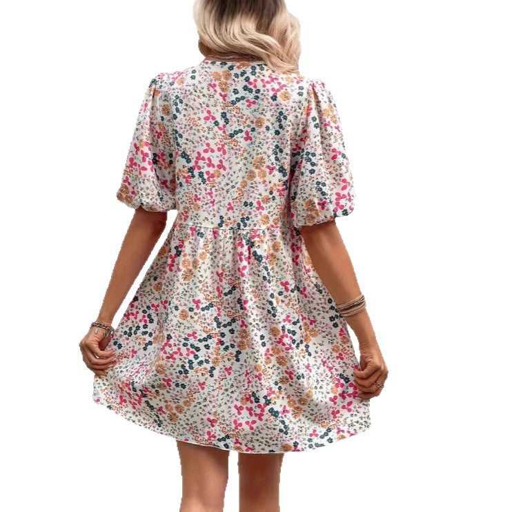 Cute Floral Print V-Neck Puff Sleeve Pleated Casual Loose Dress for Women
