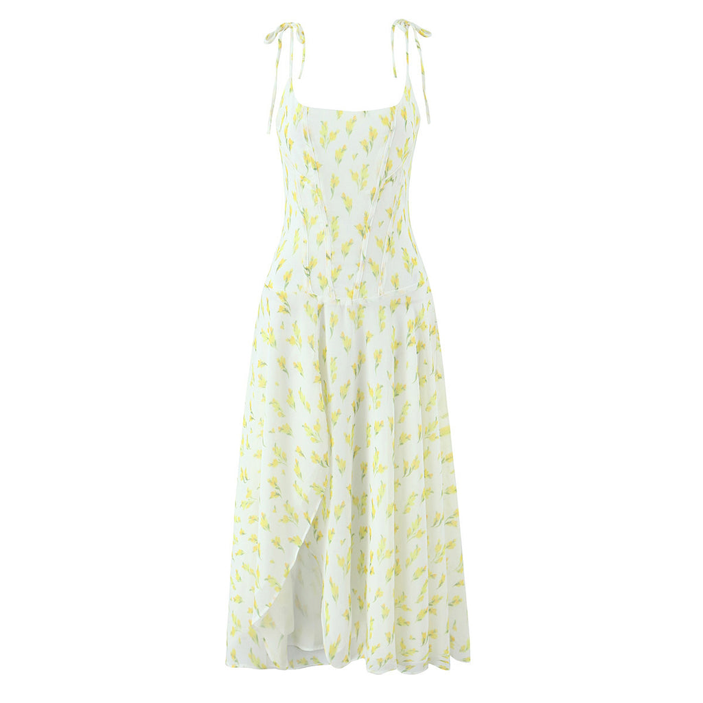 Irregular slit floral lace up suspender dress