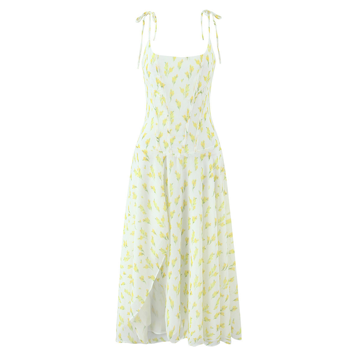 Irregular slit floral lace up suspender dress