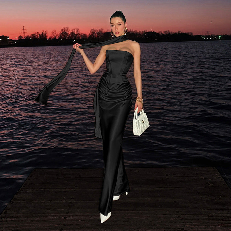 Waist waist top slimming and slimming square neck sexy strapless half skirt set for women