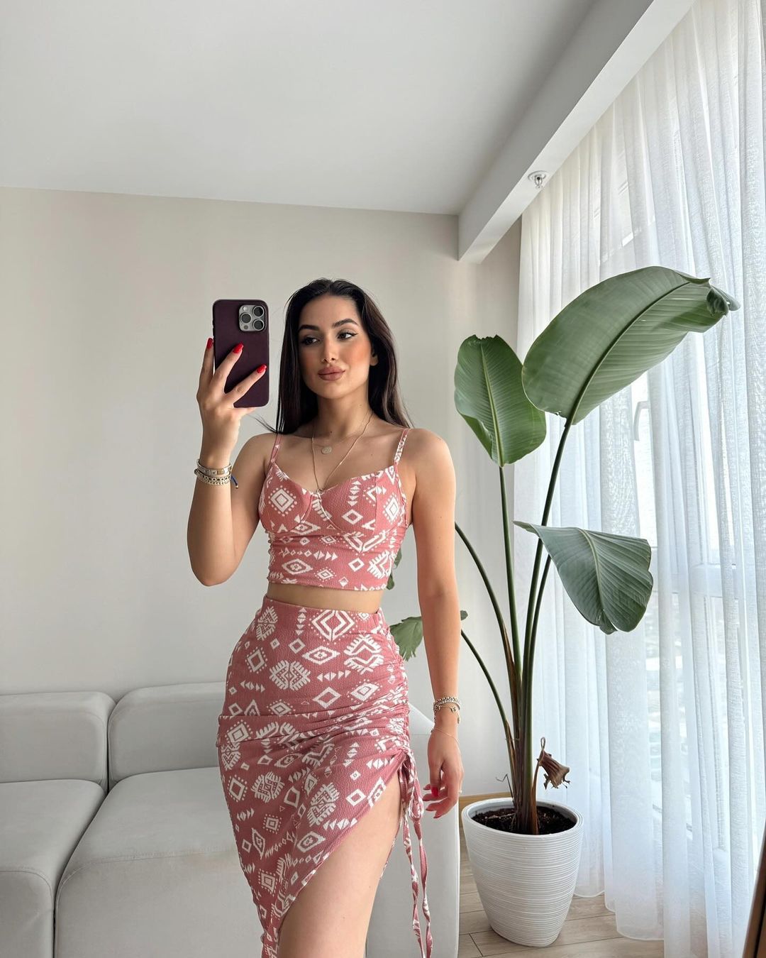 Floral women's camisole top mid length skirt set