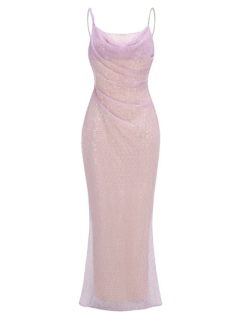 Summer New Chain Strap Sexy Sequins Backless Beaded Mesh Long Dress Slim Fit Celebrity Evening Party Gowns