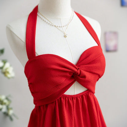 Women's sexy neck hanging red dress, pure desire backless short skirt