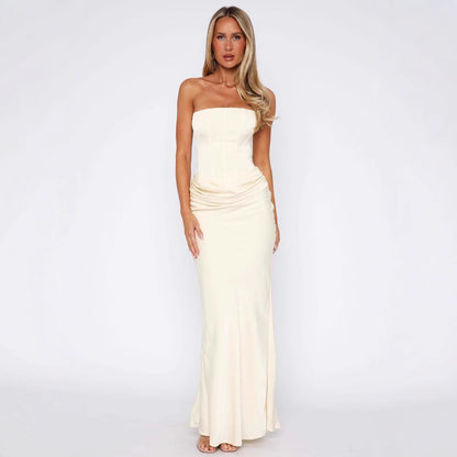 Halter Sexy Strapless Boned Fitted Bodycon High-Grade Satin Long Dress