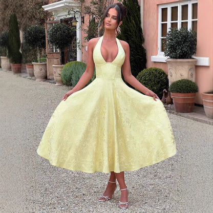 Women's French Holiday Style V-Neck Sleeveless Jacquard Waist-Tied Long Dress Y2K