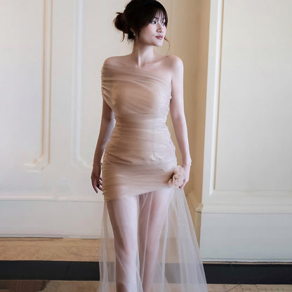 Mesh flower slanted shoulder dress for women