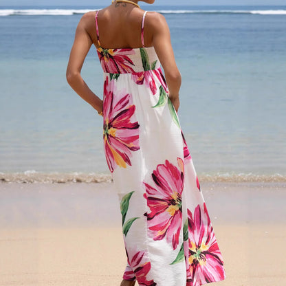 Bohemian Print Large Flower Pocket Maxi Dress with Straps for Vacation