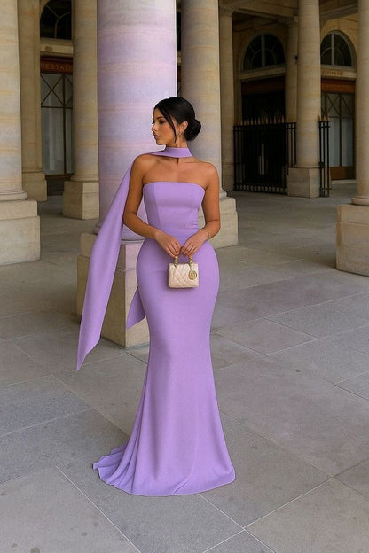 Elegant Fitted Strapless Ribbon-Trimmed Sheath Dress for Women Party Evening Gown