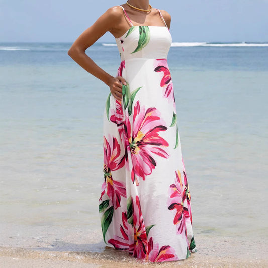Bohemian Print Large Flower Pocket Maxi Dress with Straps for Vacation