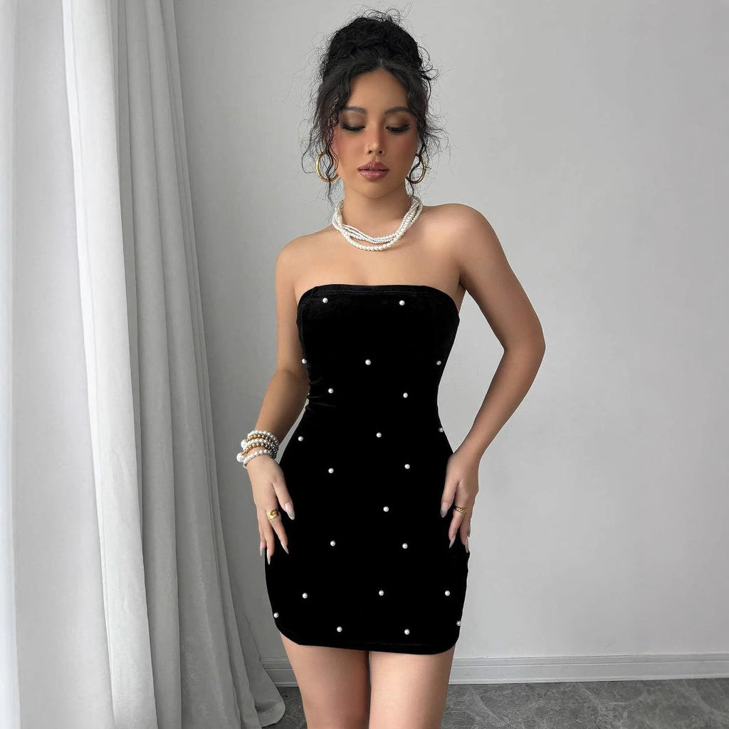 Elegant Pearl Velvet Dress for Party and Evening Wear One Shoulder Design A-Line Silhouette, Women's Dress