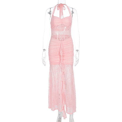 Tie neck perspective slim fit lace dress for slimming effect