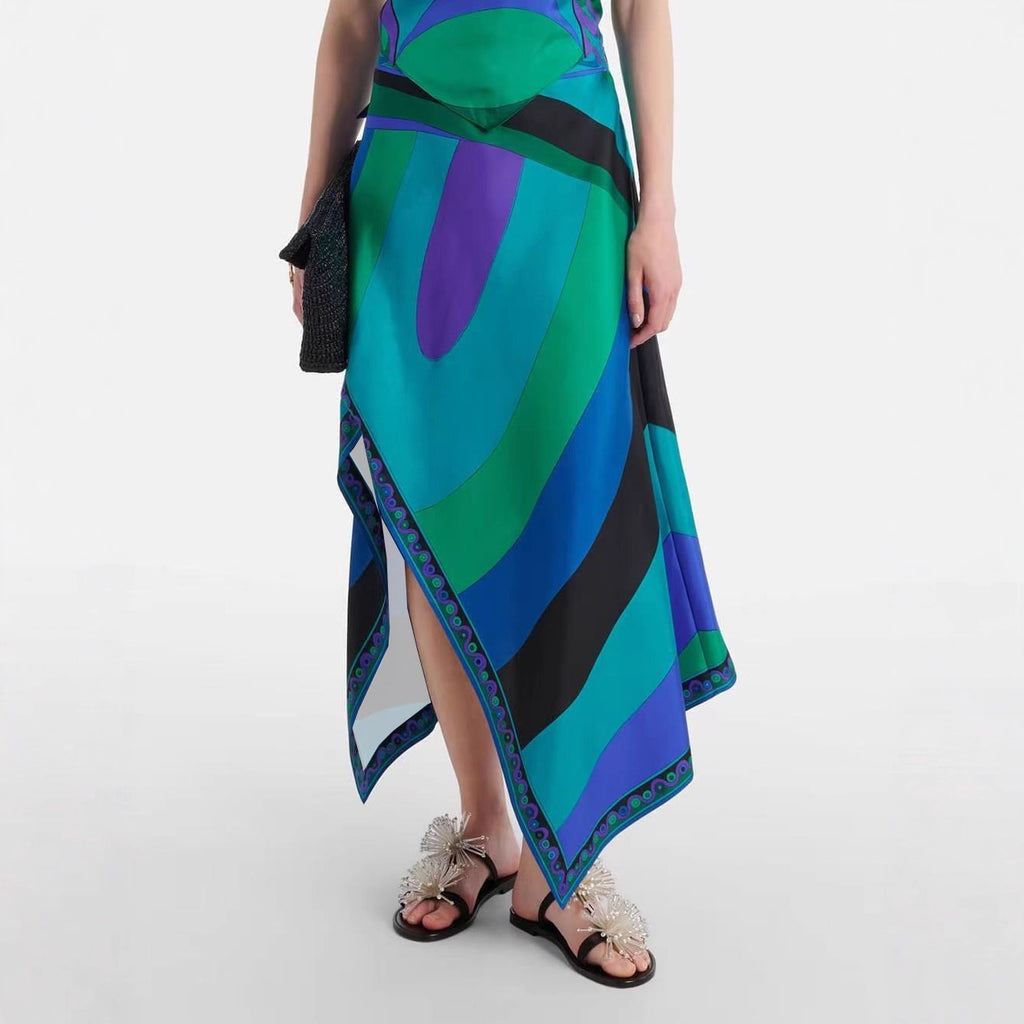 Crossbody Irregular Skirt with Backless Top New Two-Piece Set  Style Printed