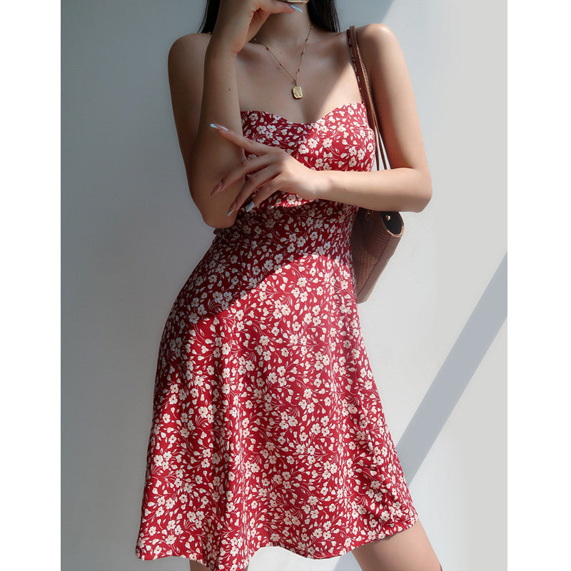 French Vintage Girl V-Neck Red Floral Strap Dress Slim Fit Waist-Cinching Tie-Up Short Dress Vacation Dress