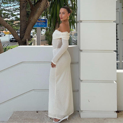 Sexy waist cinched one shoulder textured long sleeved dress