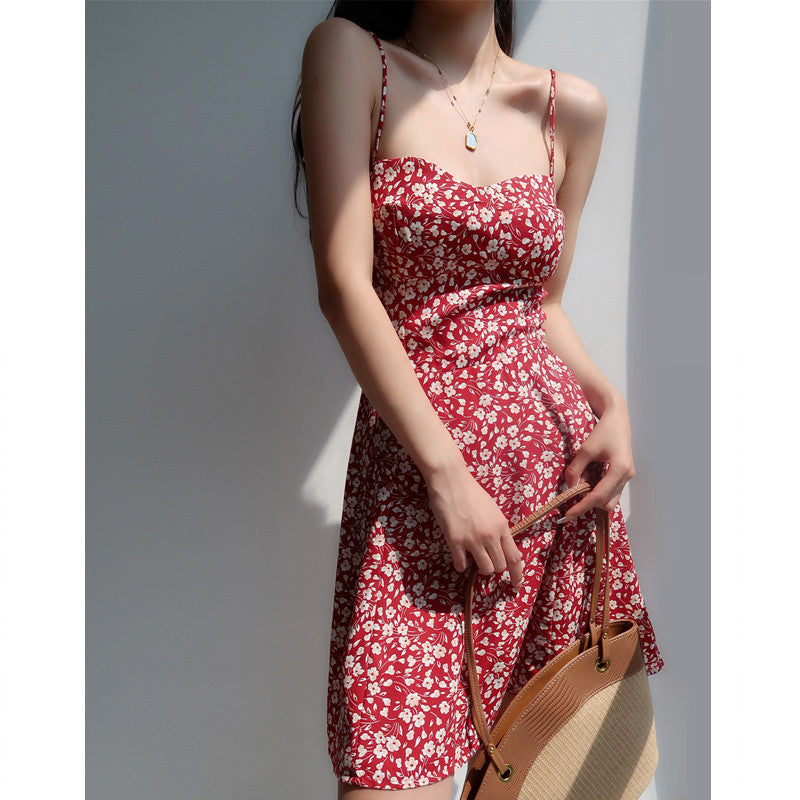 French Vintage Girl V-Neck Red Floral Strap Dress Slim Fit Waist-Cinching Tie-Up Short Dress Vacation Dress