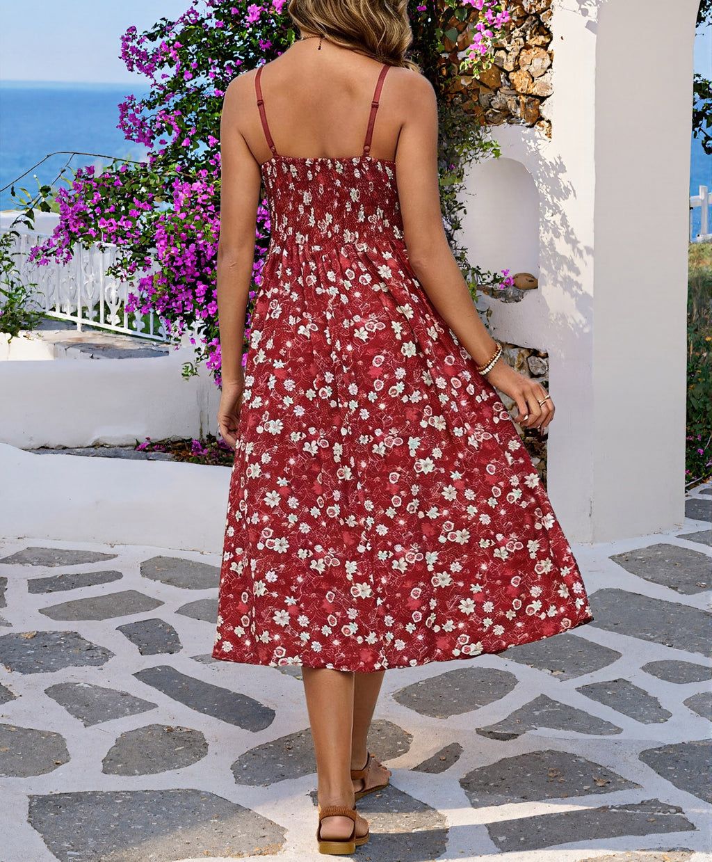 Beach Vacation Style Fitted Floral Strap Dress Women's Casual Sandy Dress