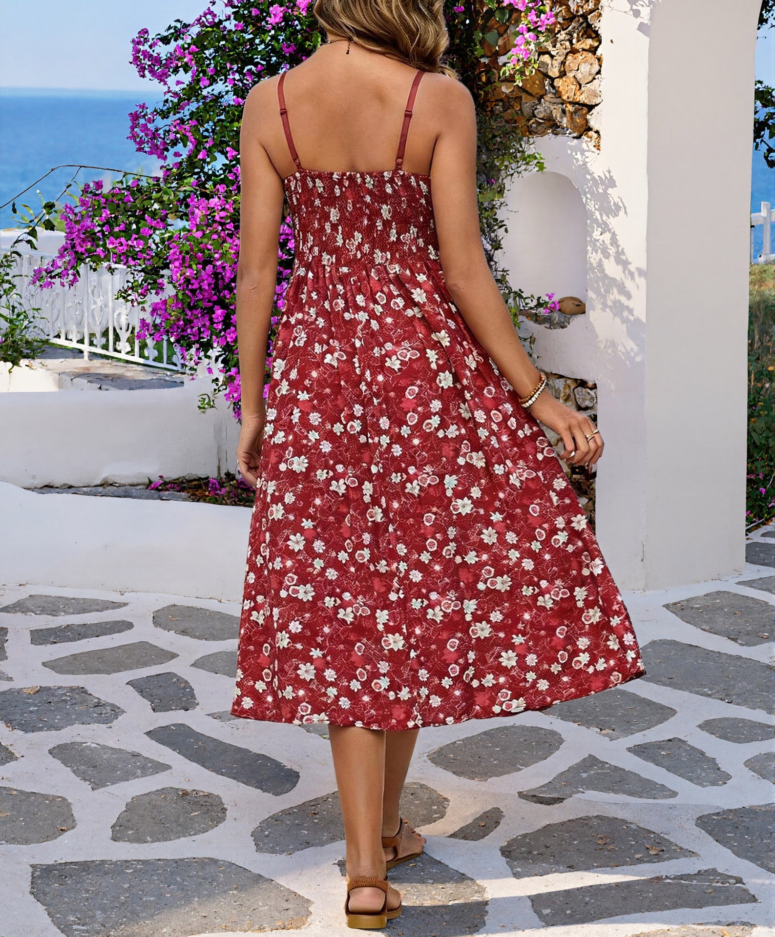 Beach Vacation Style Fitted Floral Strap Dress Women's Casual Sandy Dress