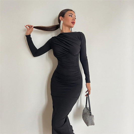 Elegant Solid Color Long Bodycon Dress for WomenFitted Silhouette Casual Wear