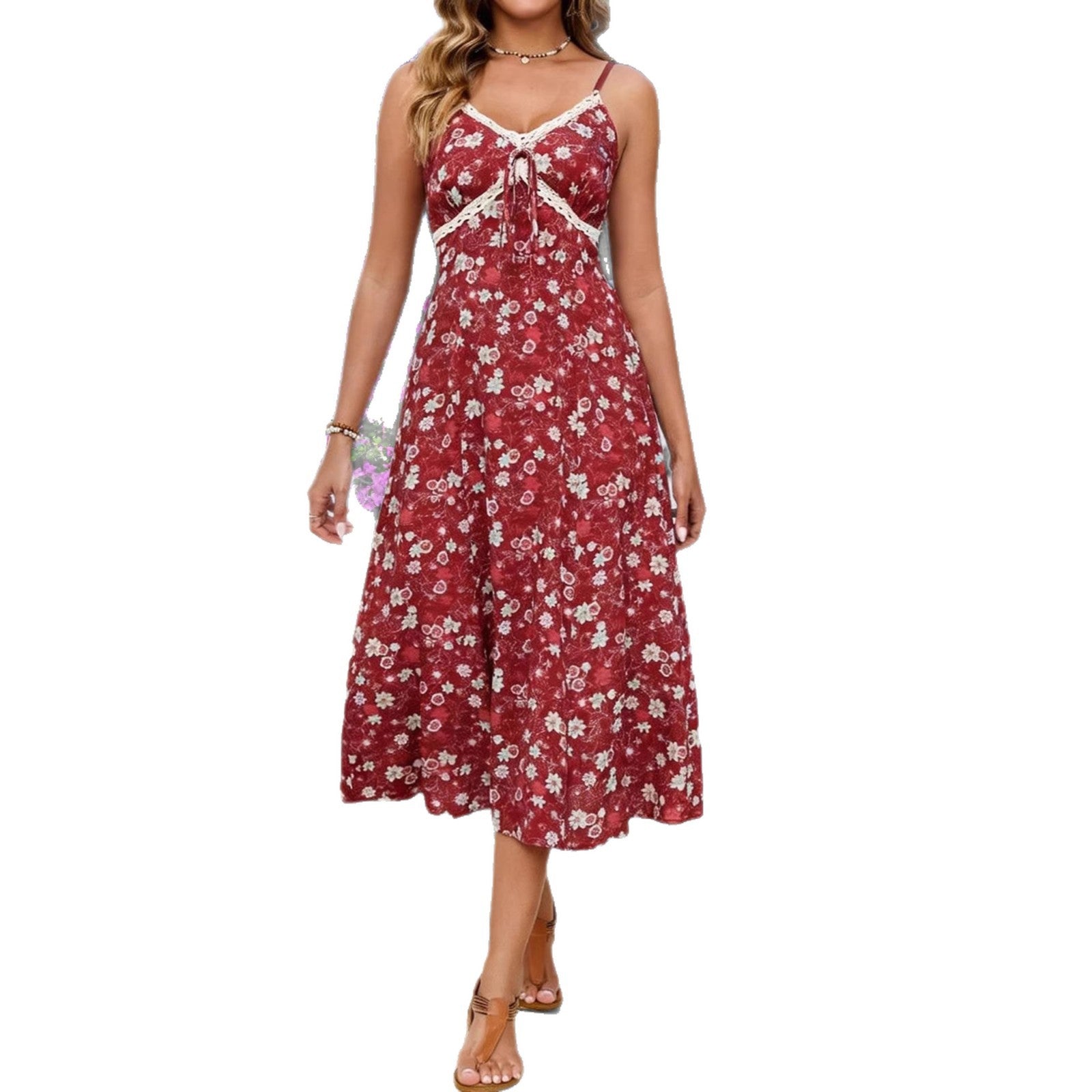 Beach Vacation Style Fitted Floral Strap Dress Women's Casual Sandy Dress