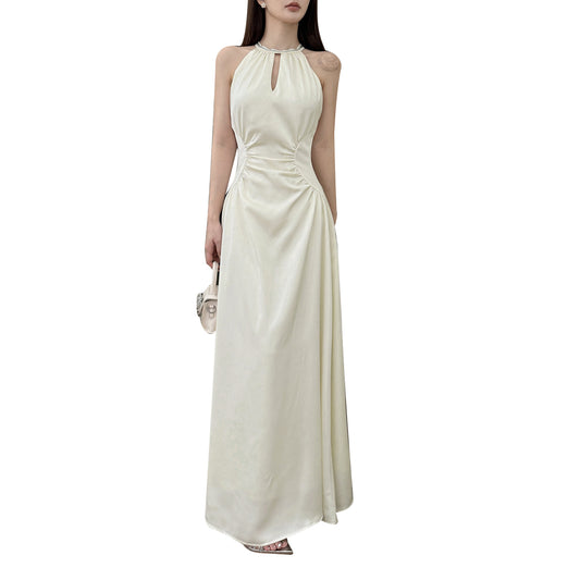Hanging neck satin French minimalist temperament elegant long skirt for women