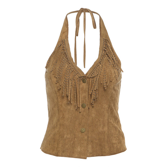 Solid color sexy hanging neck single breasted slim fit crop top for women