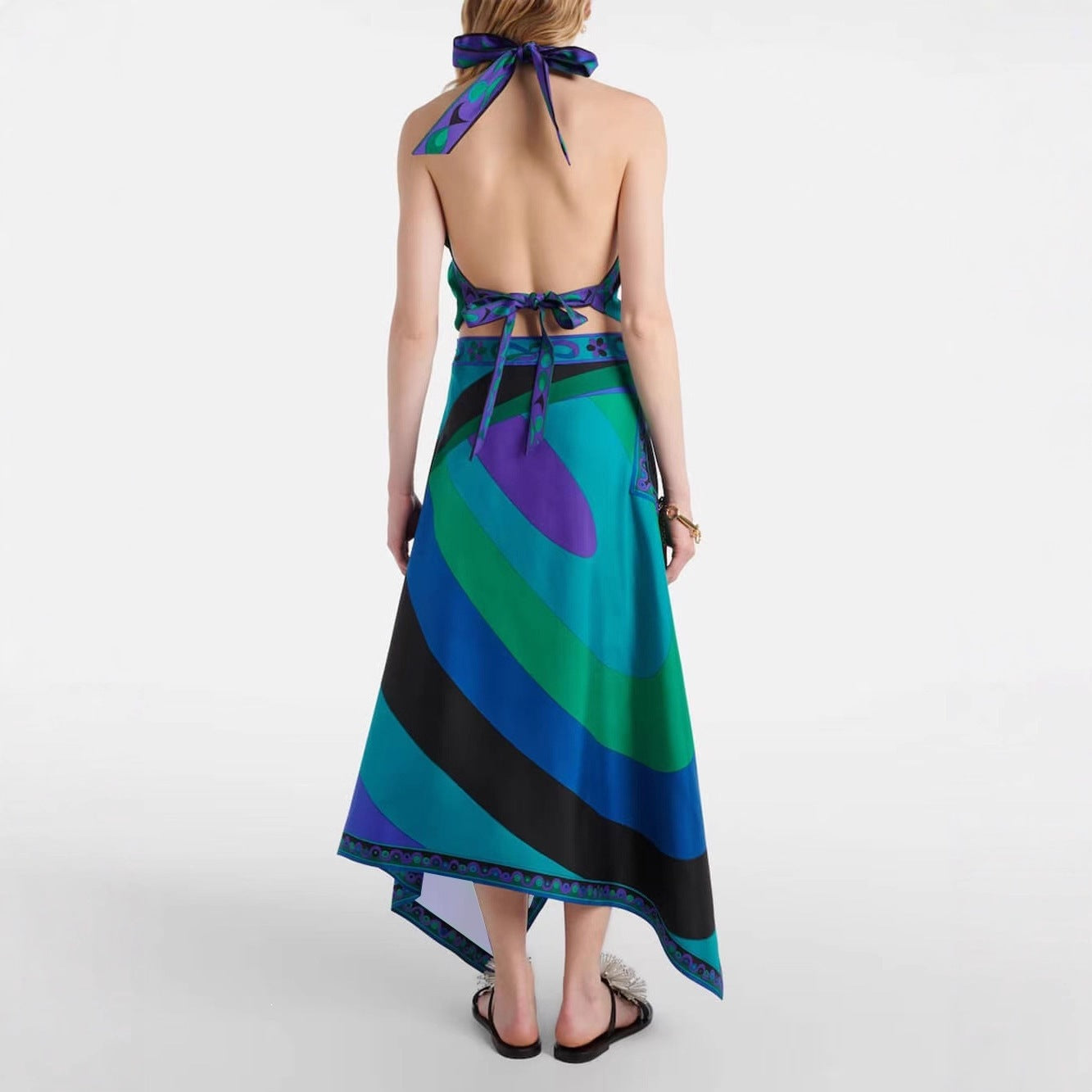 Crossbody Irregular Skirt with Backless Top New Two-Piece Set  Style Printed