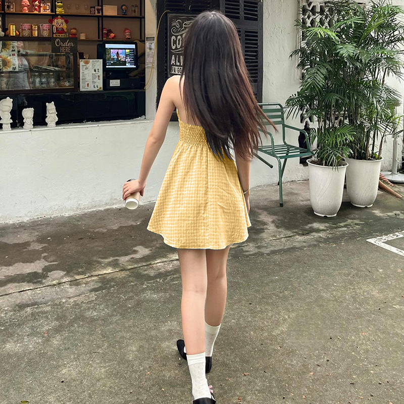 Sexy backless hanging neck plaid A-list dress for women