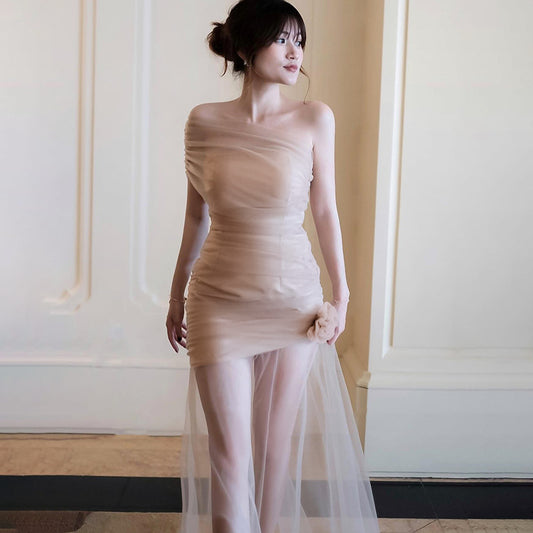 Mesh flower slanted shoulder dress for women