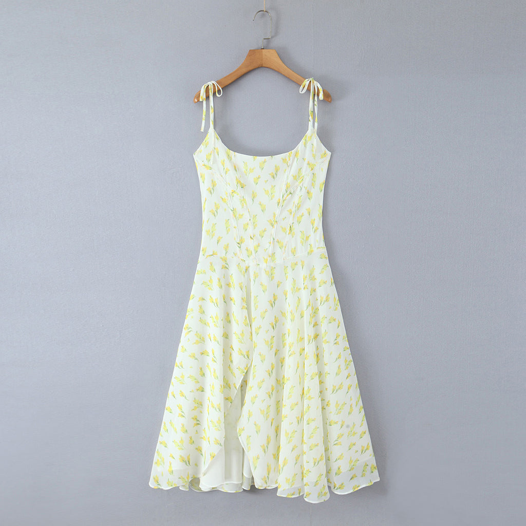 Irregular slit floral lace up suspender dress
