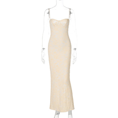 Women's Sexy Lace Splicing Strapless Backless Long Fitted Strap Dress