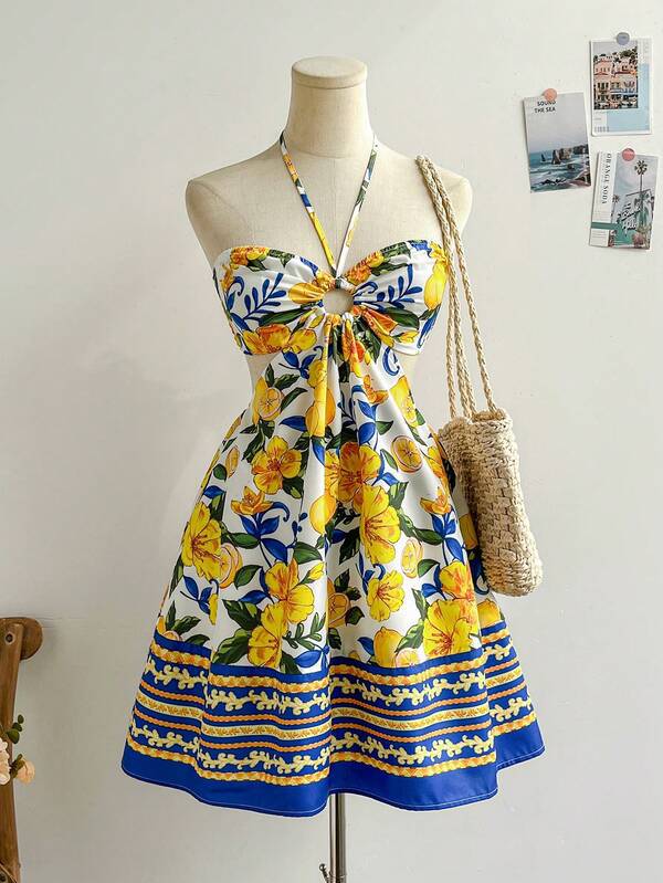 Bohemian Beach Vacation Strapless Crop Top Dress Red Ocean Floral Cut-Out Waist Dress