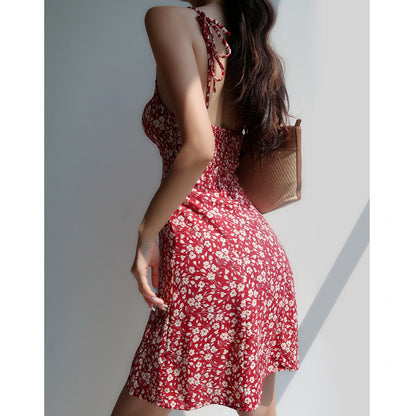 French Vintage Girl V-Neck Red Floral Strap Dress Slim Fit Waist-Cinching Tie-Up Short Dress Vacation Dress