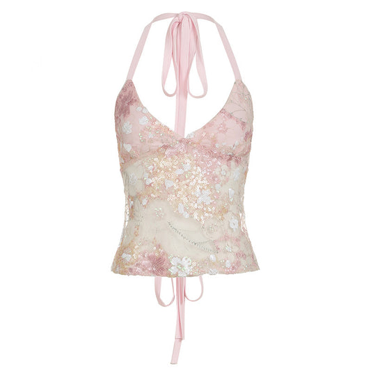 Sweet and Spicy Style Reflective Sequin Mesh Crop Top Sexy Transparent One-Piece Backless Tie-Neck Strap