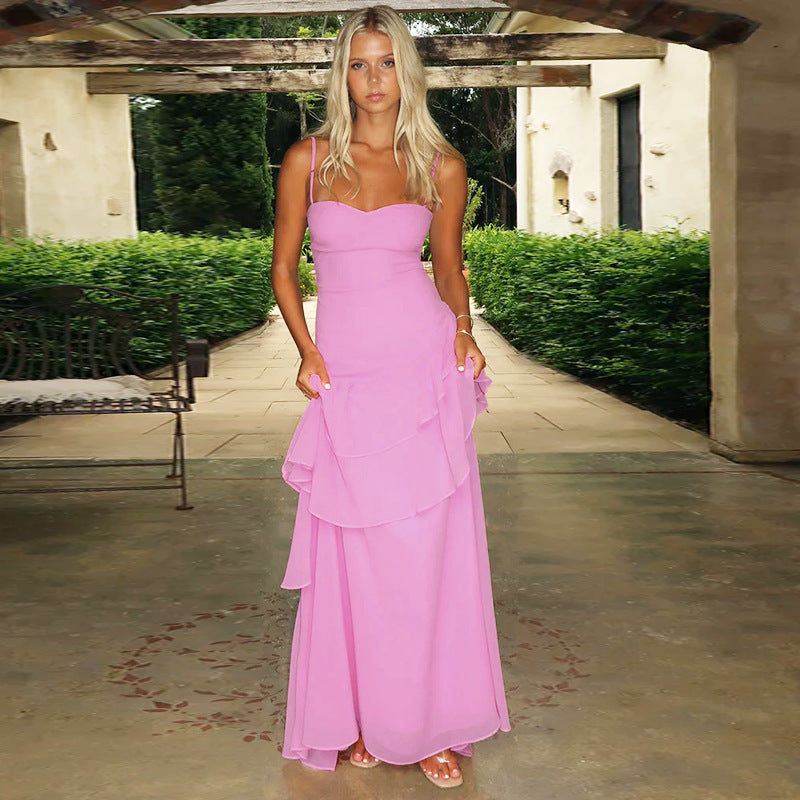 Solid color sexy backless long suspender dress