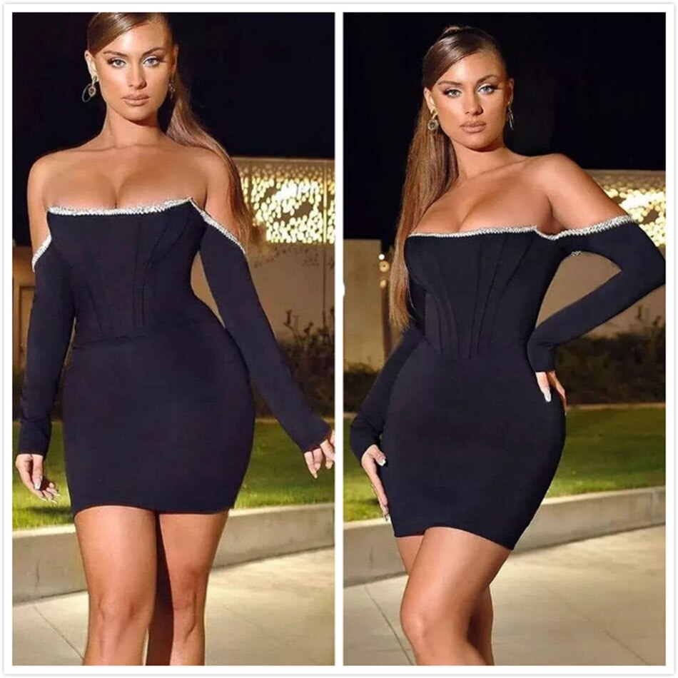 Bandage Dress Long Sleeve Black Bandage Dress Women Mini Crystal Sexy Off Shoulder Bodycon Club Party Dresses
