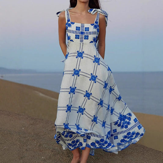 Elegant Vacation Style Fashion Lace Blue and White Spliced Strap Dress