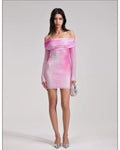 Fashion Party Dresses For Women Off The Shoulder Slash Neck Gradient Crystal Diamonds Long Sleeves Mini Dress