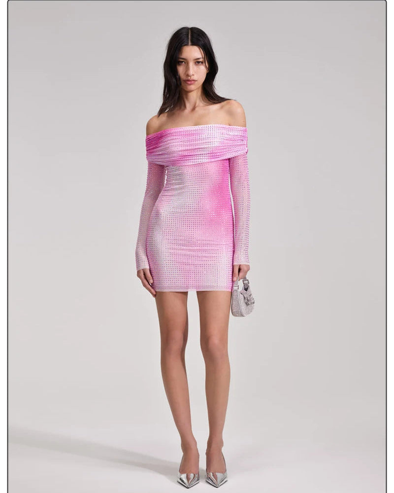 Fashion Party Dresses For Women Off The Shoulder Slash Neck Gradient Crystal Diamonds Long Sleeves Mini Dress