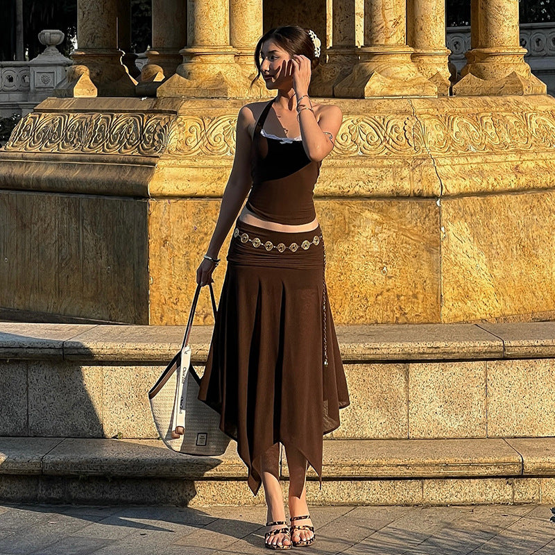 Hanging neck sleeveless top high waist hip hugging skirt set