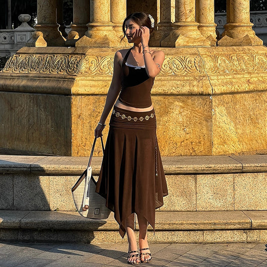 Hanging neck sleeveless top high waist hip hugging skirt set