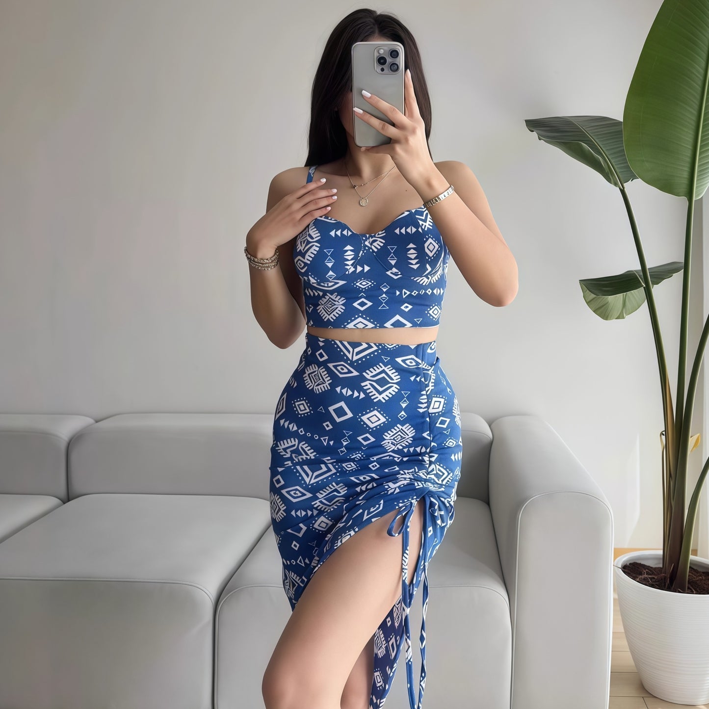 Floral women's camisole top mid length skirt set