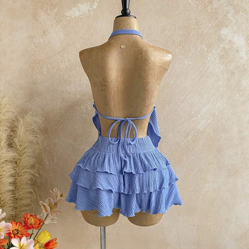 Neck Strap Textured Crinkle Cardigan Top  Ruffle Mini Skirt Two-Piece Set
