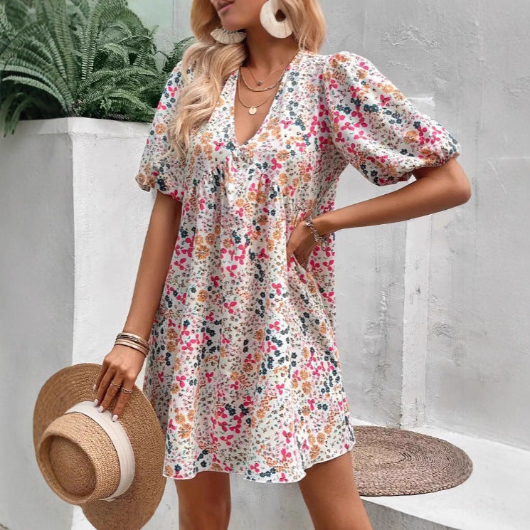 Cute Floral Print V-Neck Puff Sleeve Pleated Casual Loose Dress for Women