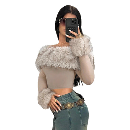 Chic Faux Fur Collar Off-Shoulder Long Sleeve Women's T-Shirt, Fashion Streetwear, Slim Fit, Casual Top for Spring and Autumn