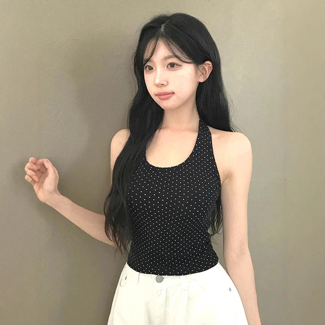 Sweet and Pure U-neck Polka Dot Halter Tank Top Basic Summer Fitted Sexy Short Sleeveless Top