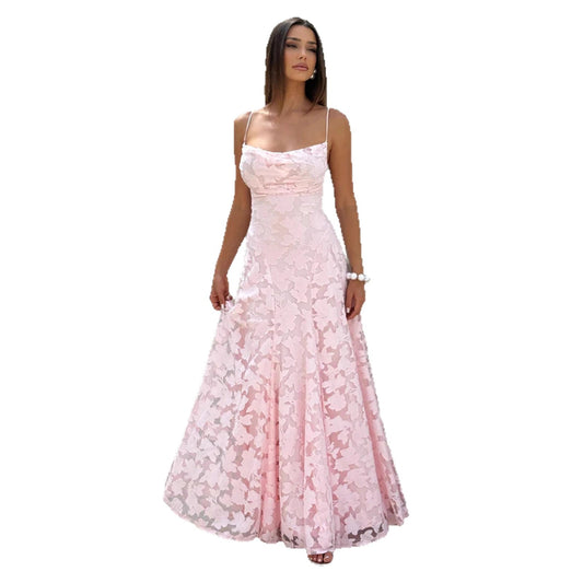 Elegant Romantic Jacquard Solid Evening Dress Slim Backless Lace Long Woven Strapless Gown