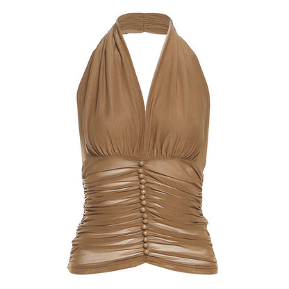 Deep V-neck halter strap short style slimming vest top for women