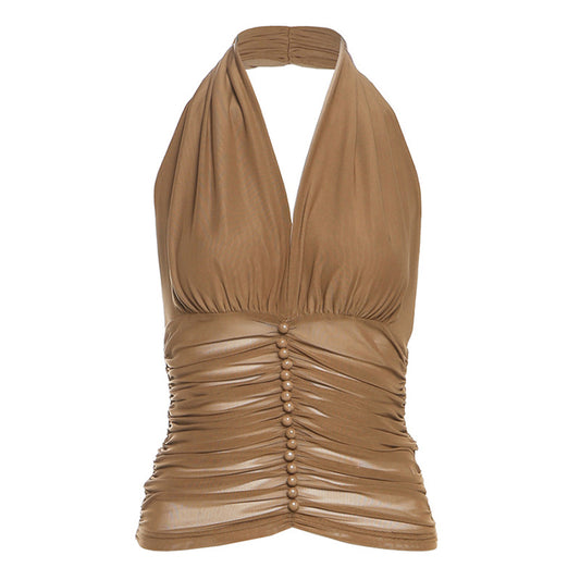 Deep V-neck halter strap short style slimming vest top for women