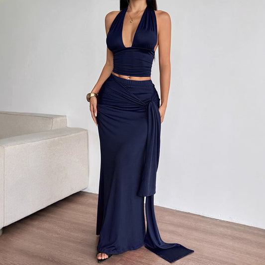 Sexy Off-the-Shoulder Waist-Cinching Top with Belt and Long Fitted Skirt