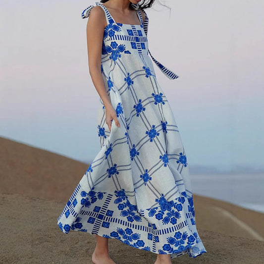Elegant Vacation Style Fashion Lace Blue and White Spliced Strap Dress